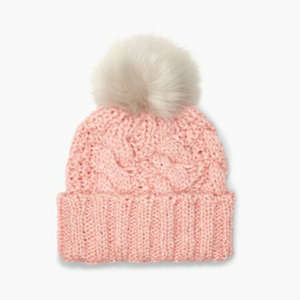 UGG Pom Knit Cable Beanie Faux Fur Pink Winter Hat - Picture 2 of 5